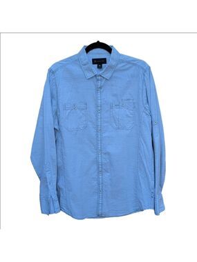 INC light blue long-sleeve cotton button-up shirt featuring dual chest pockets